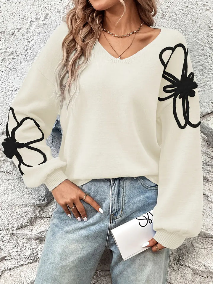 Semira - Hosszú Ujjú Pulóver Virágos Hímzéssel