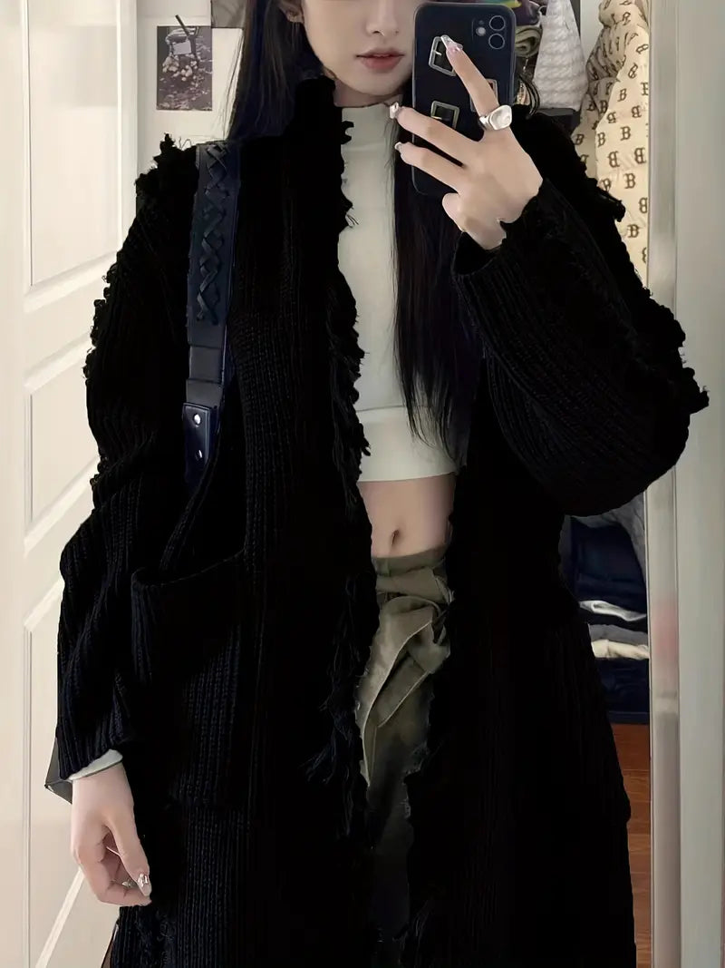 Ramziya – Elegáns Hosszú Rojtos Kardigán Zsebbel