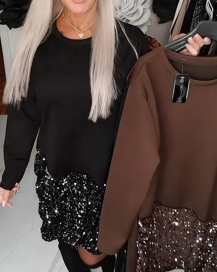 Ksenija - Kerek Nyakú Flitteres Patchwork Ruha