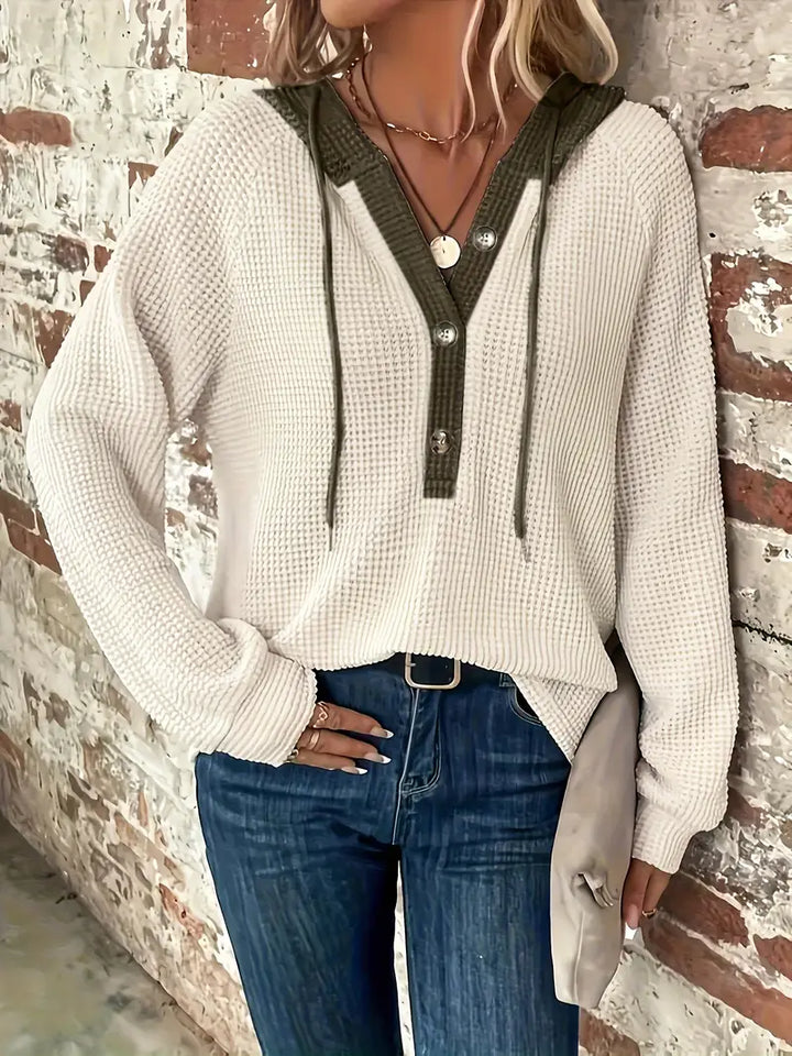 Snezhana - Hosszú Ujjú Gombos Kapucnis Pulóver