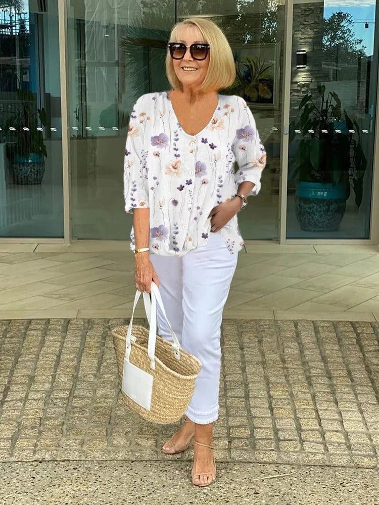 Teresa - Elegáns Virágos Blúz Gombokkal