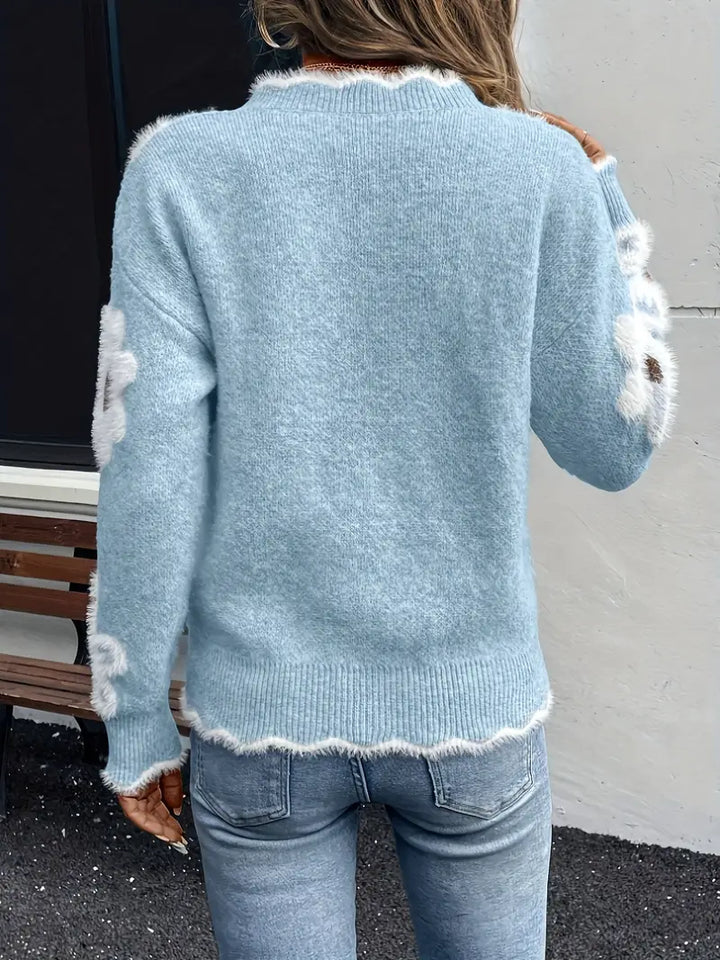 Melanira - Stílusos V-Nyakú Virágos Pulóver