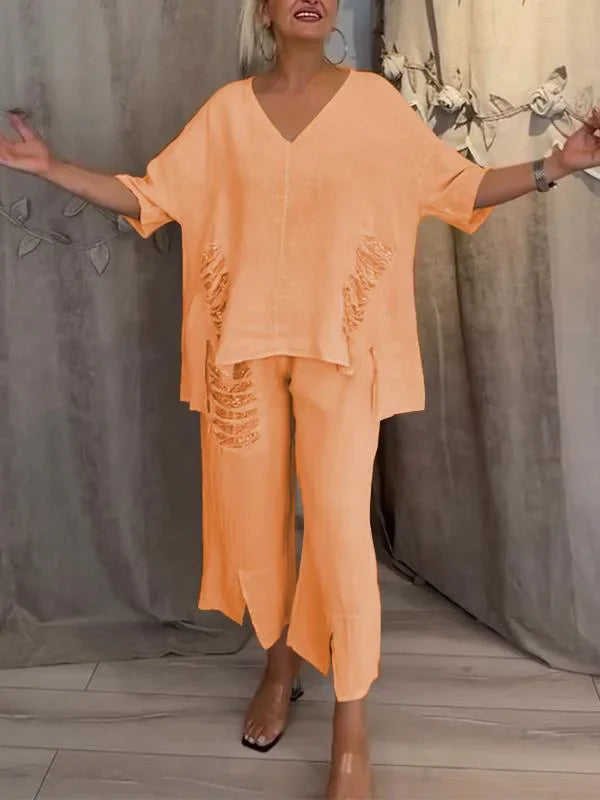 Himashi – Stílusos Kétrészes Pamut és Len öltöny V-Nyakú Kivágással