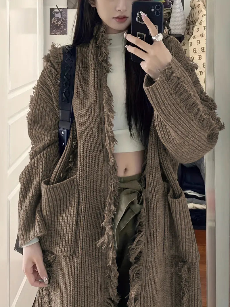 Ramziya – Elegáns Hosszú Rojtos Kardigán Zsebbel