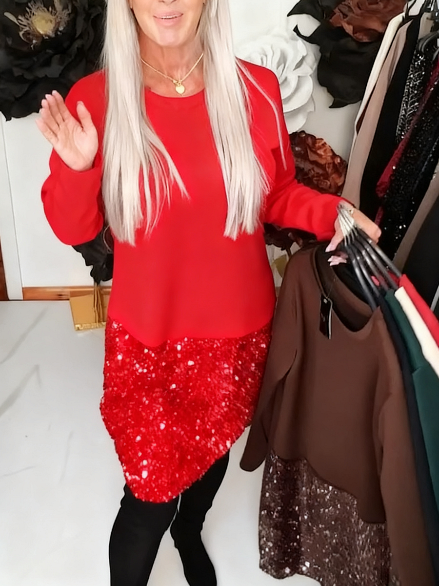 Ksenija - Kerek Nyakú Flitteres Patchwork Ruha