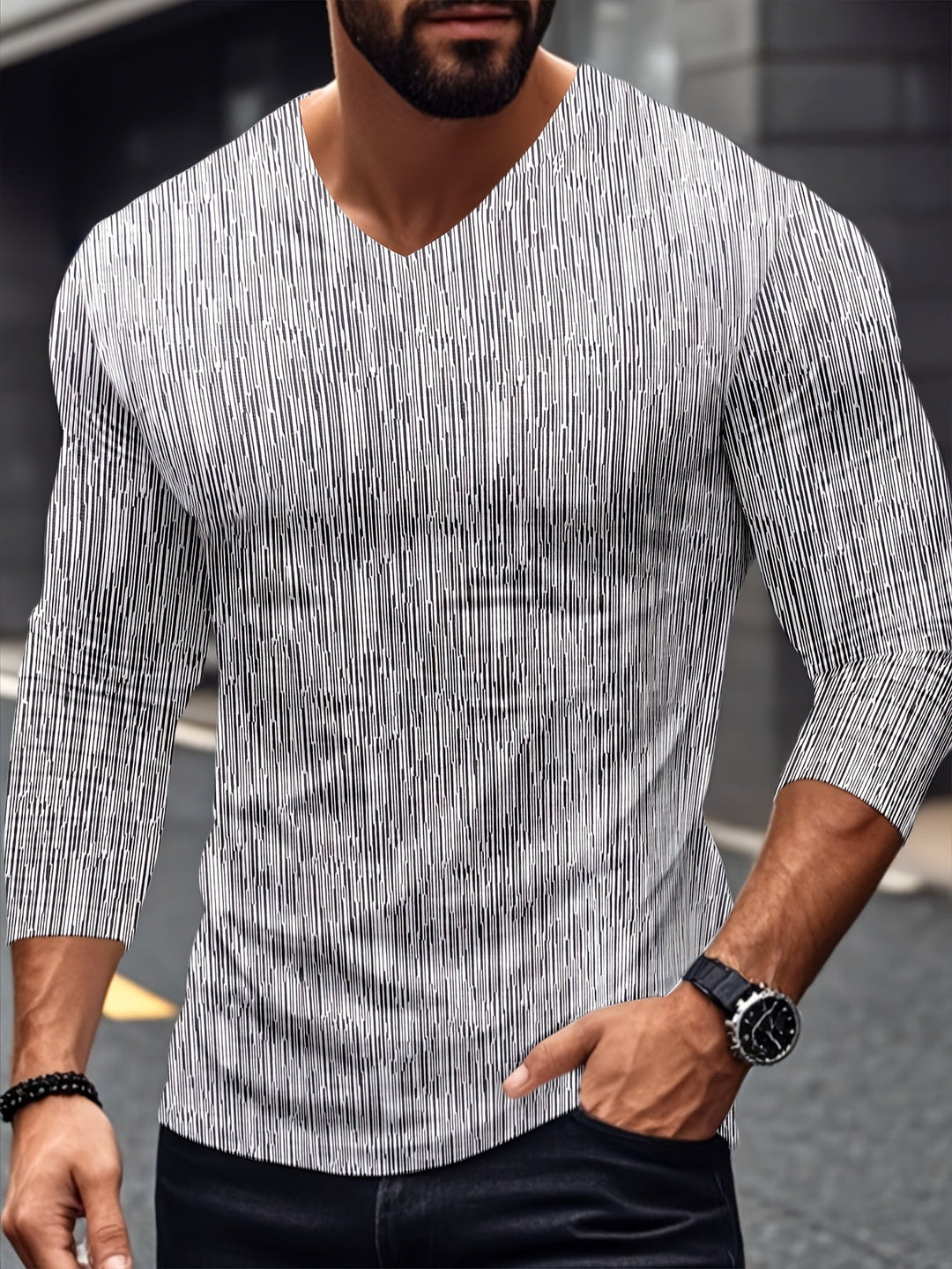 Usher - Karcsú Szabás  Hosszú Ujjú, V-Nyakú Póló