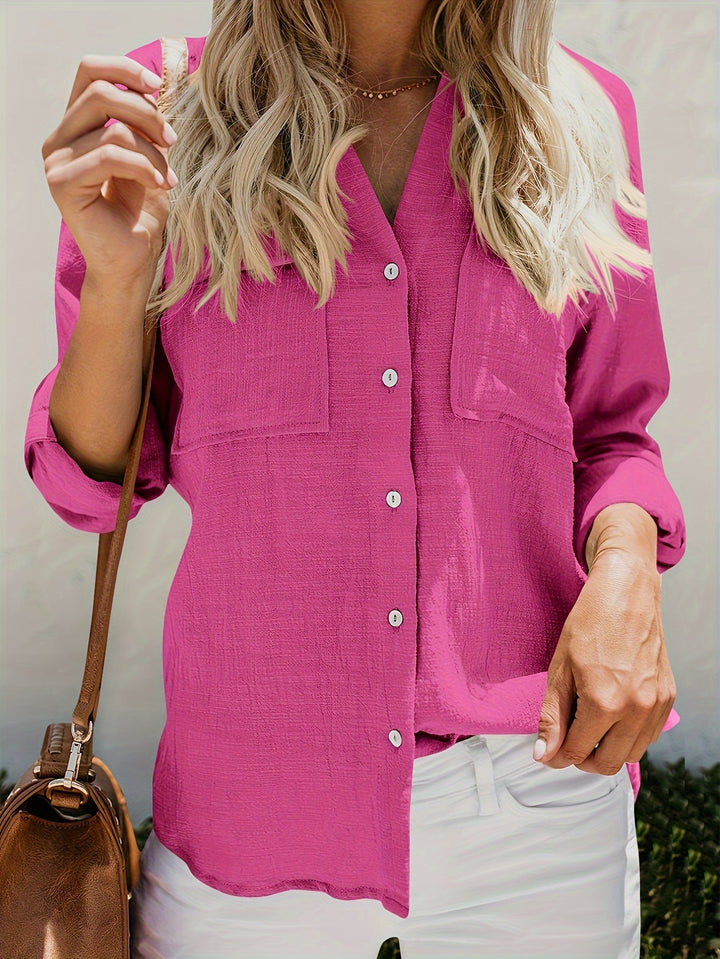 Priscilla - Hosszú Ujjú, V-Nyakú Blúz Gombos Elülső Résszel