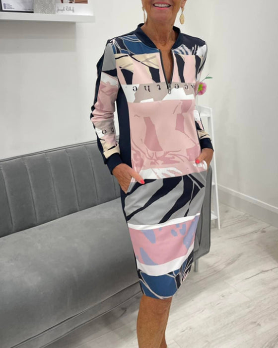 Lexiana - Absztrakt Nyomtatott Midi Ruha Cipzárral