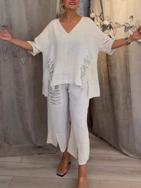 Himashi – Stílusos Kétrészes Pamut és Len öltöny V-Nyakú Kivágással