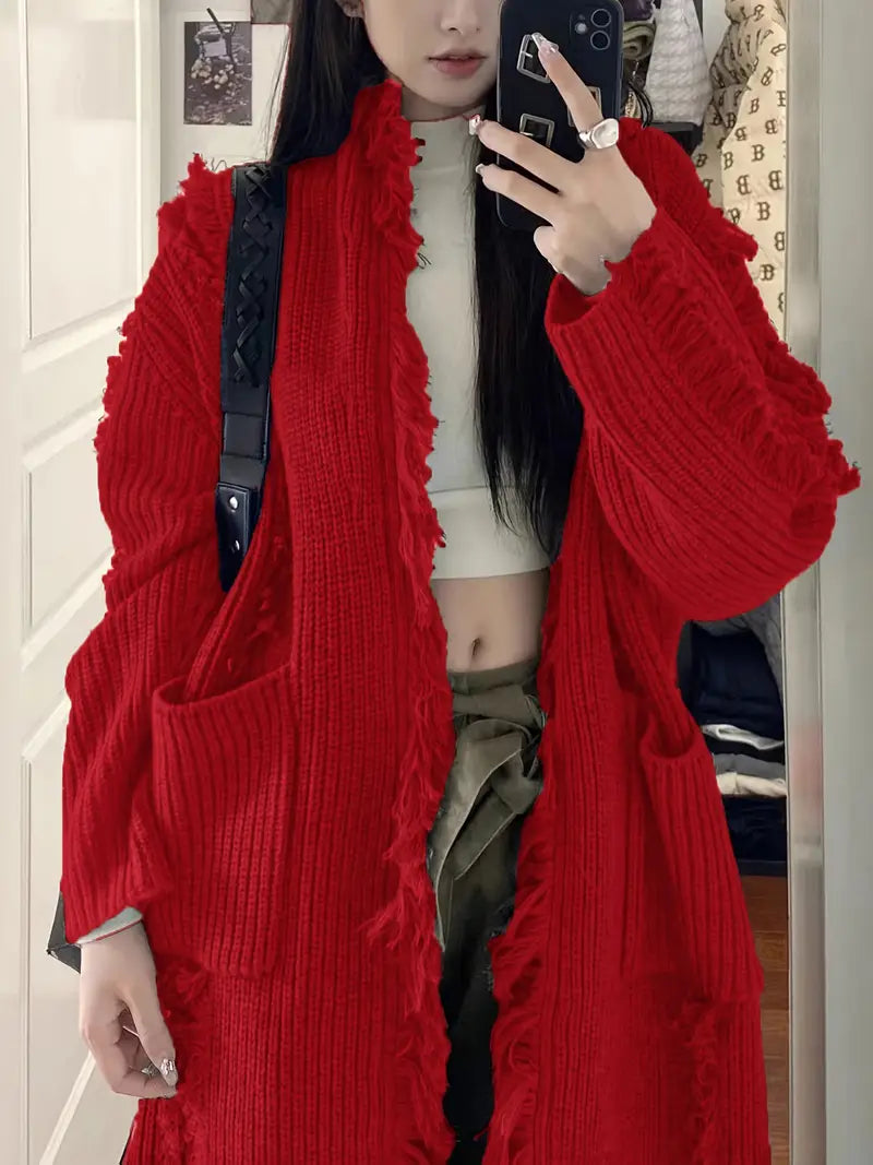 Ramziya – Elegáns Hosszú Rojtos Kardigán Zsebbel