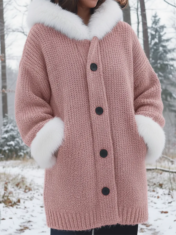 Nodia - Műszőrme Szegélyű Kapucnis Kötött Kabát