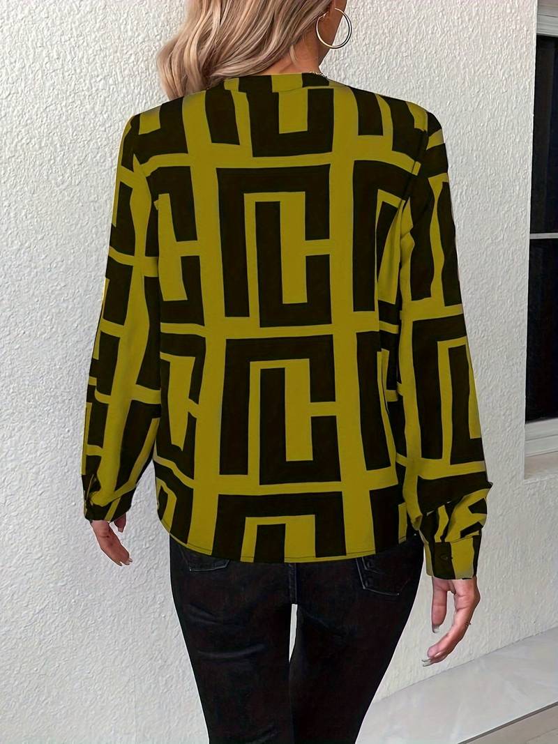 Tzipora - Elegáns Hosszú Ujjú Blúz Geometrikus Mintával