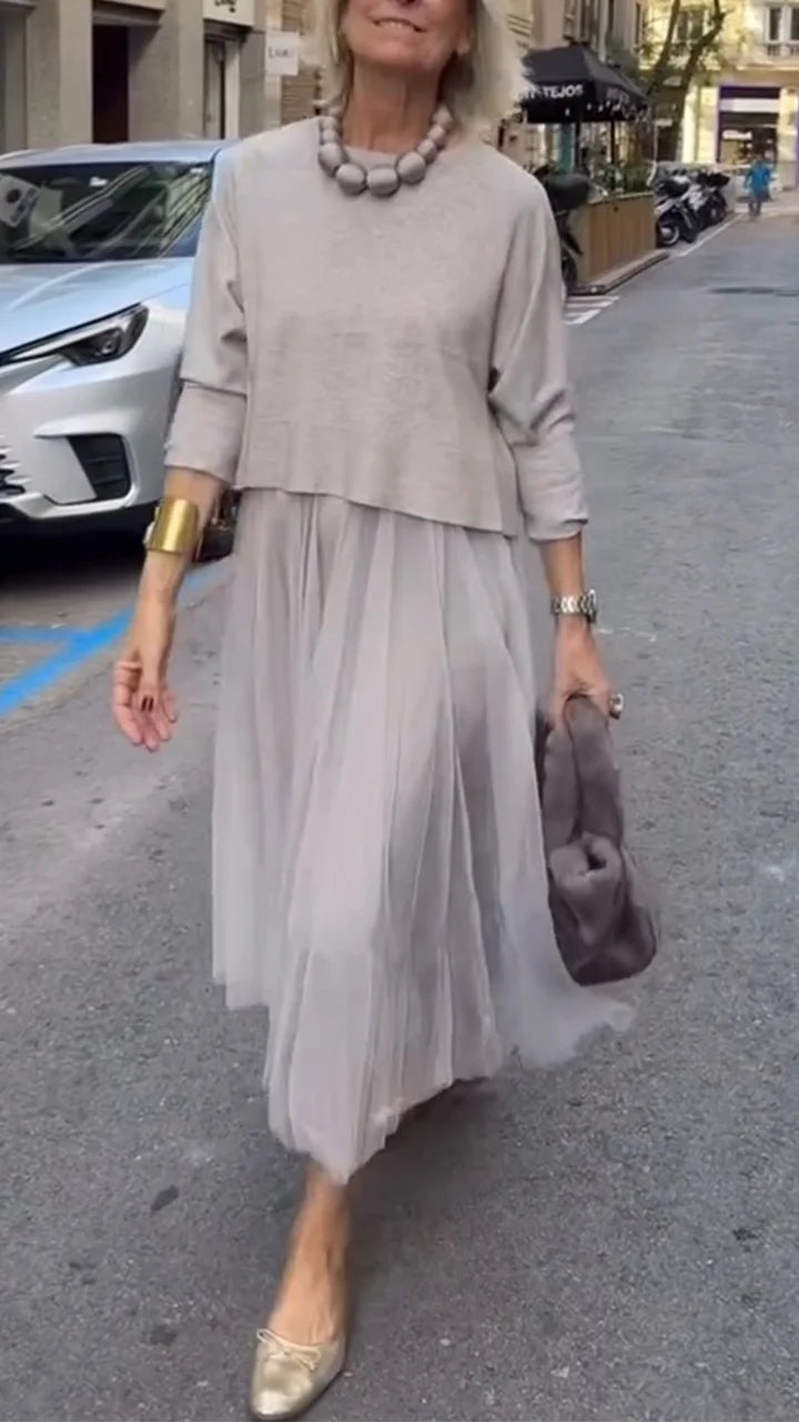 Efrata - Bájos Szatén Ruha Kötött Pulóverrel