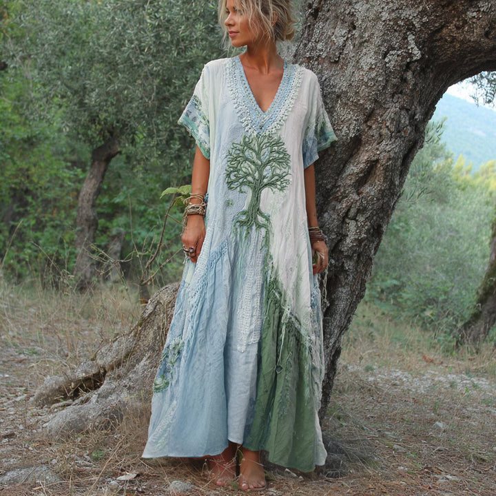 Winifred - Rövid Ujjú Ruha Retro Fa Mintával