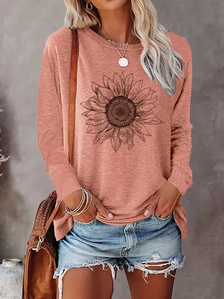 Levine – Elegáns Hosszú Ujjú Tunika Napraforgó Mintával