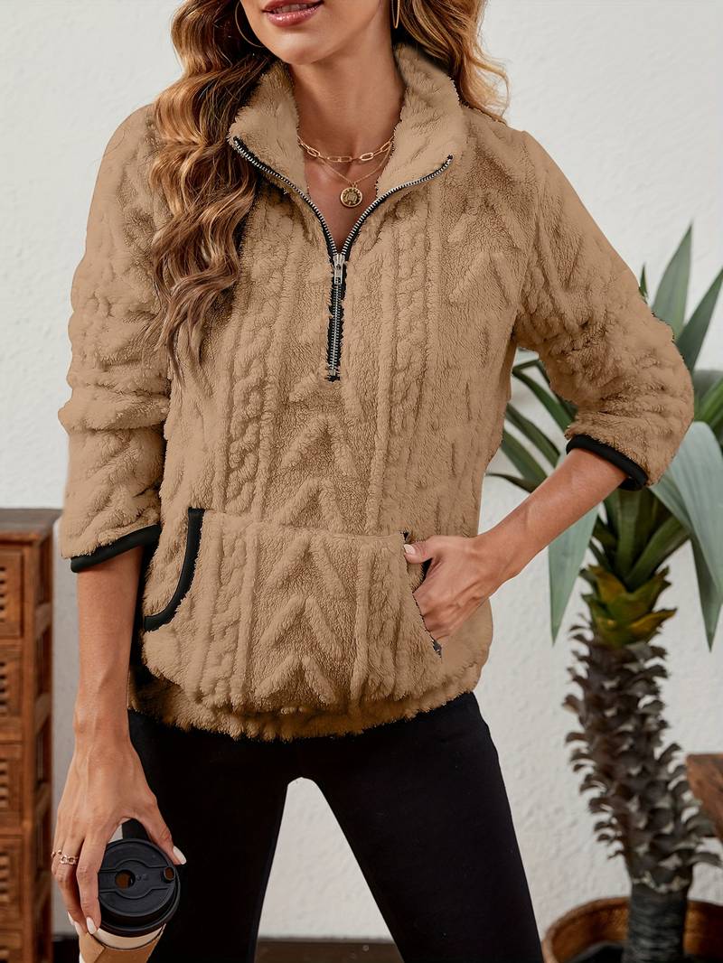 Naama - Félcipzáras Stílusos Pulóver Zsebbel