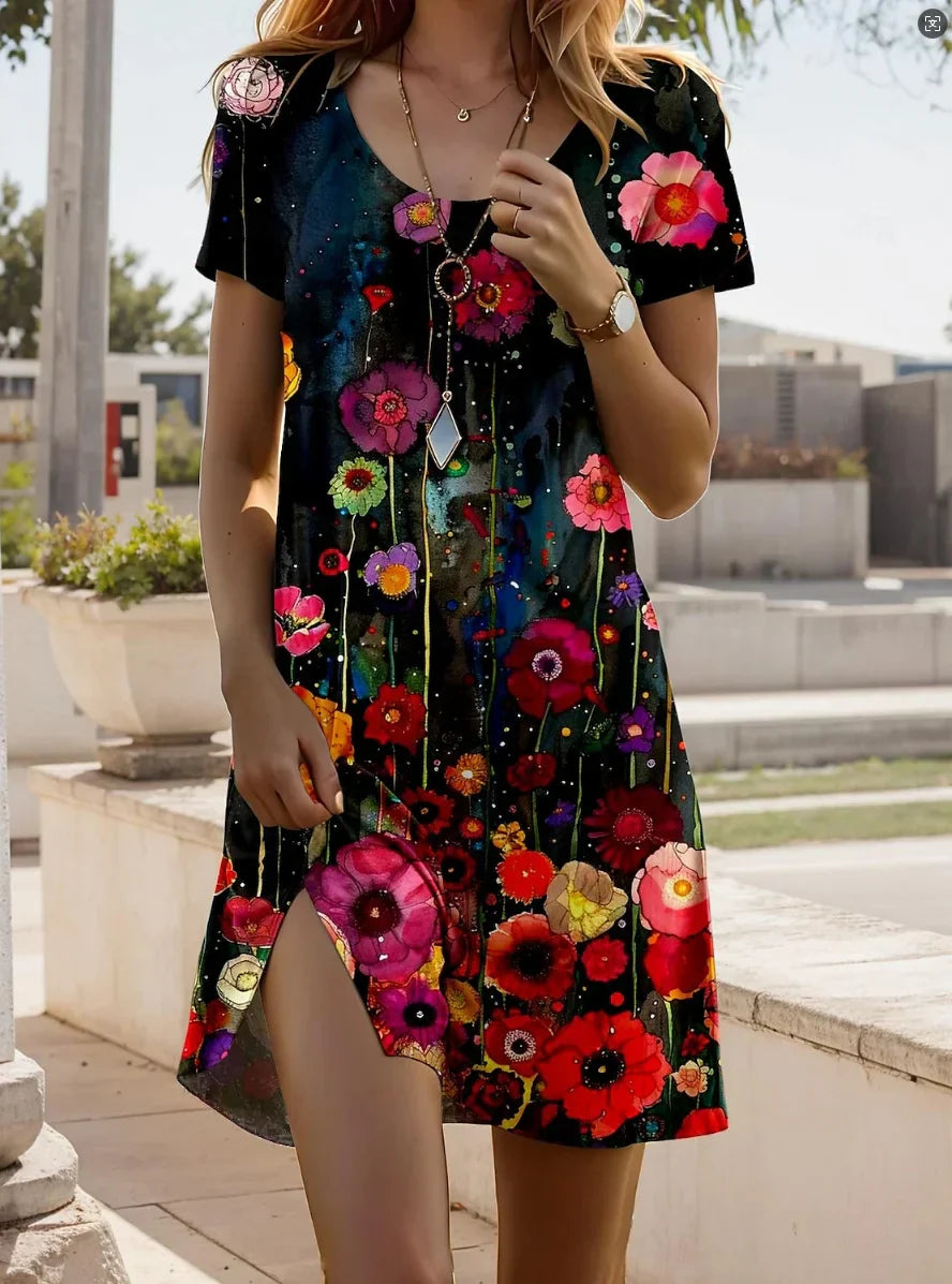 Linnea - Divatos Rövid Ujjú Nyomtatott Ruha