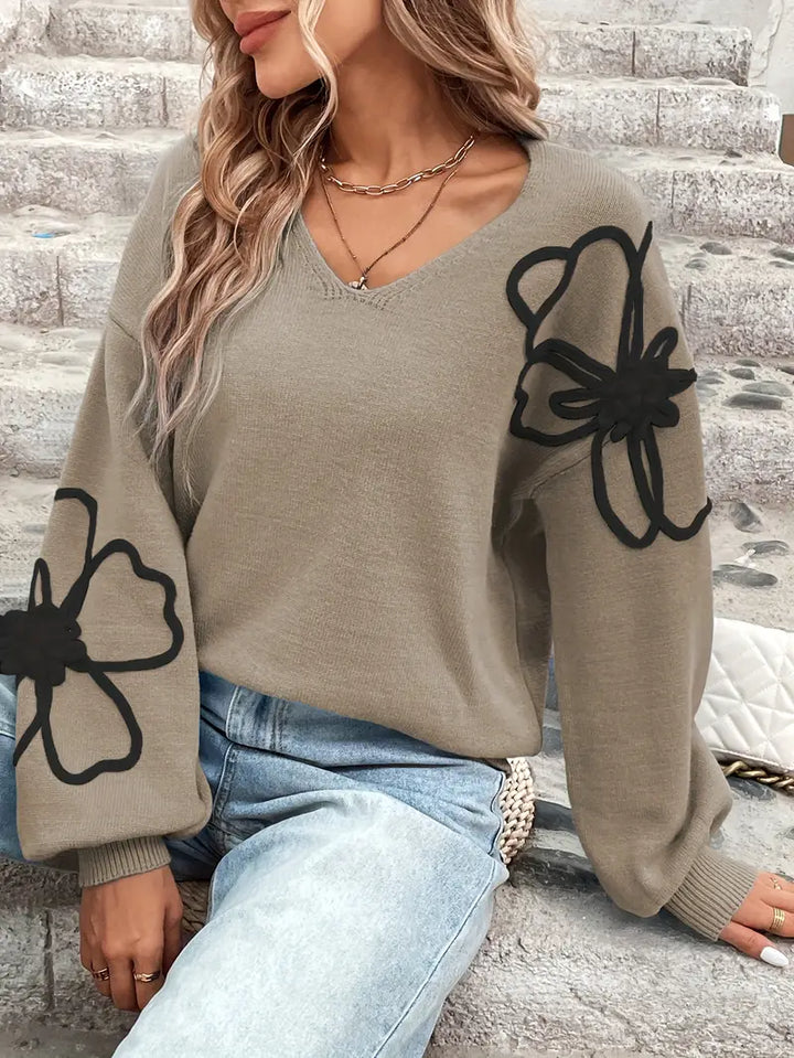 Semira - Hosszú Ujjú Pulóver Virágos Hímzéssel