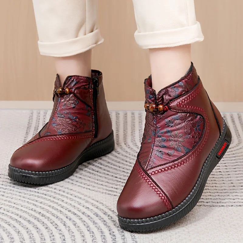 Robbie - Vintage Virágmintás Bőr Bokacsizma