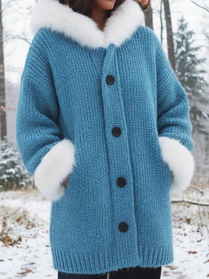 Nodia - Műszőrme Szegélyű Kapucnis Kötött Kabát