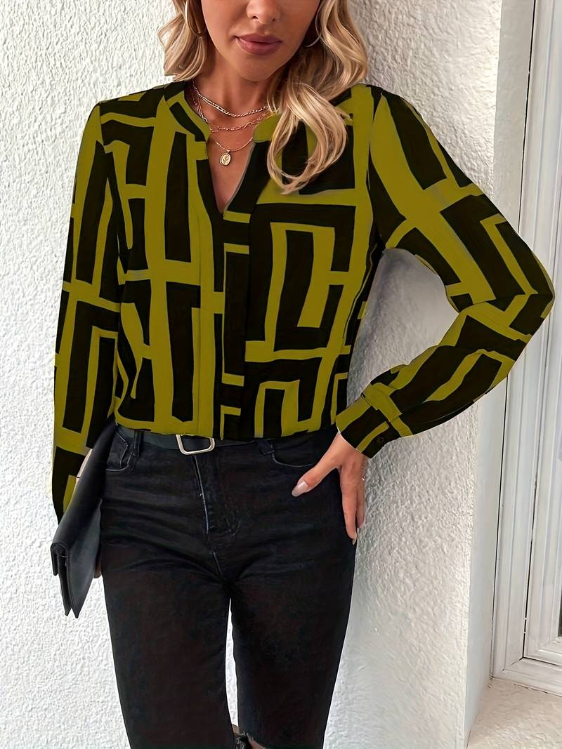 Tzipora - Elegáns Hosszú Ujjú Blúz Geometrikus Mintával