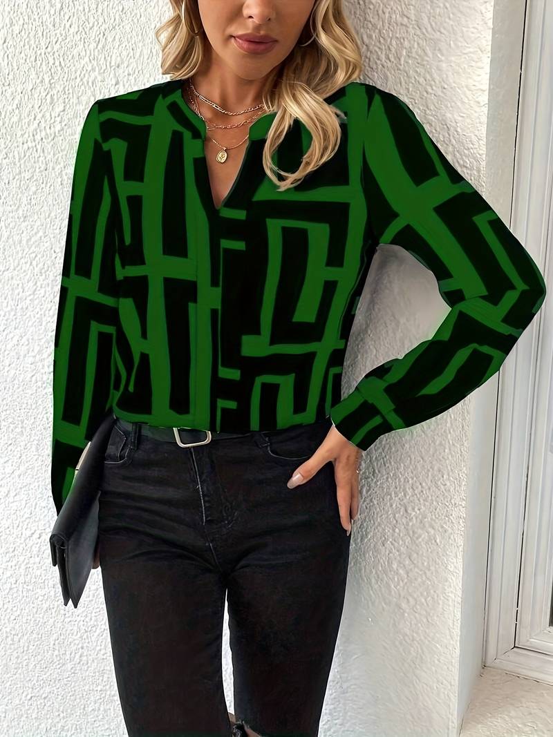 Tzipora - Elegáns Hosszú Ujjú Blúz Geometrikus Mintával