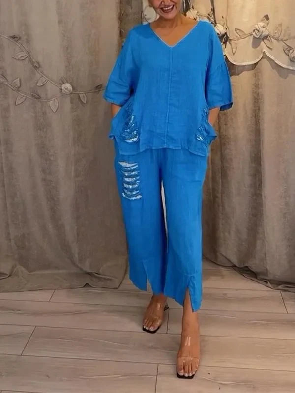 Himashi – Stílusos Kétrészes Pamut és Len öltöny V-Nyakú Kivágással