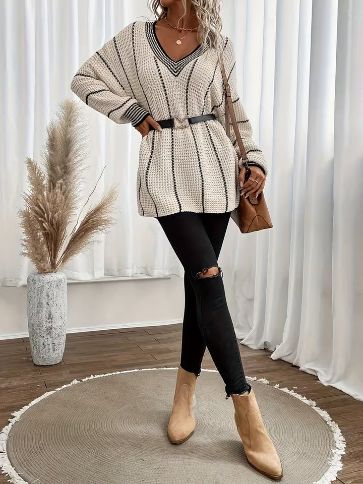 Lykke - Csíkos, V-Nyakú, Túlméretes Pulóver