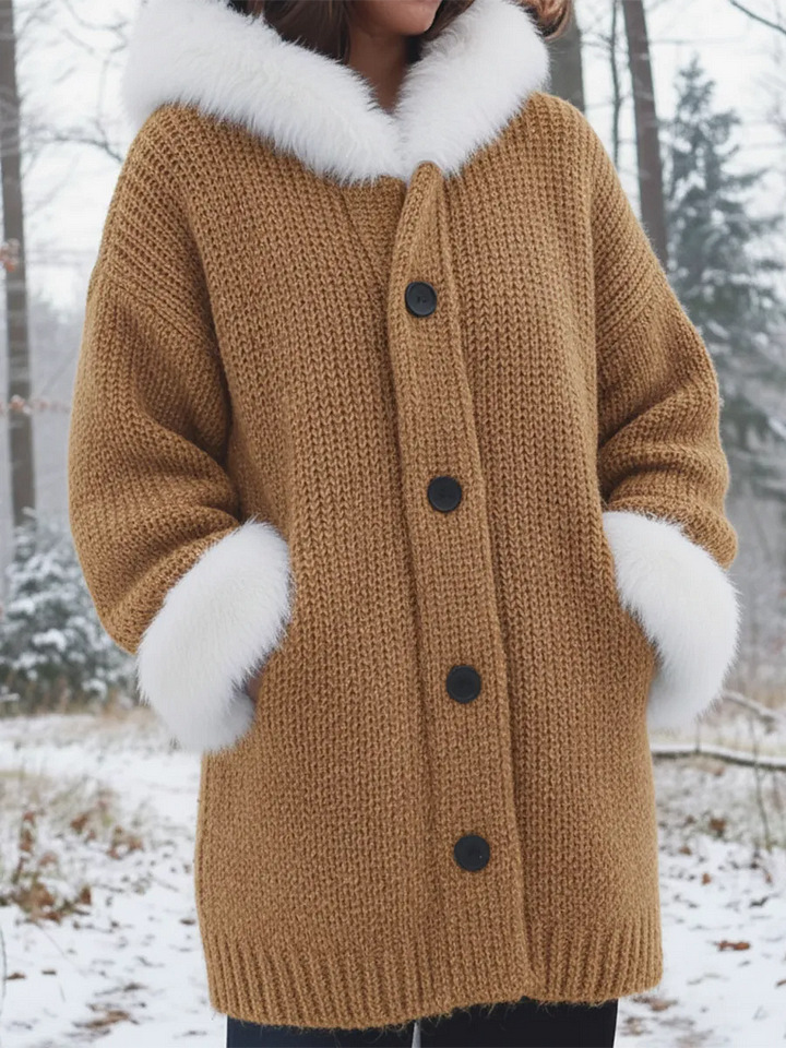 Nodia - Műszőrme Szegélyű Kapucnis Kötött Kabát