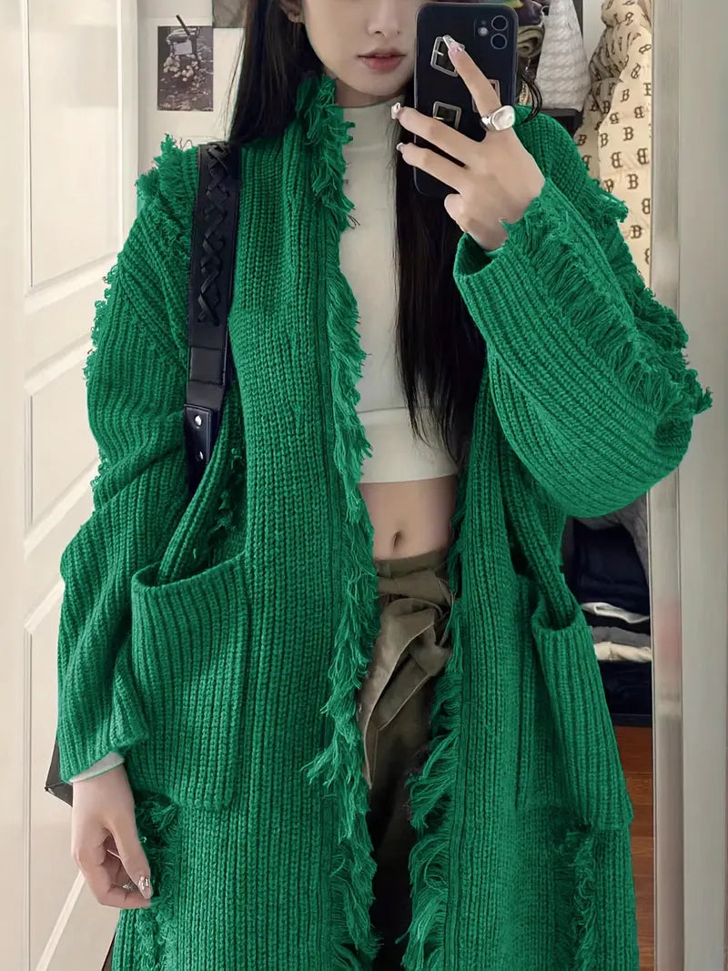 Ramziya – Elegáns Hosszú Rojtos Kardigán Zsebbel