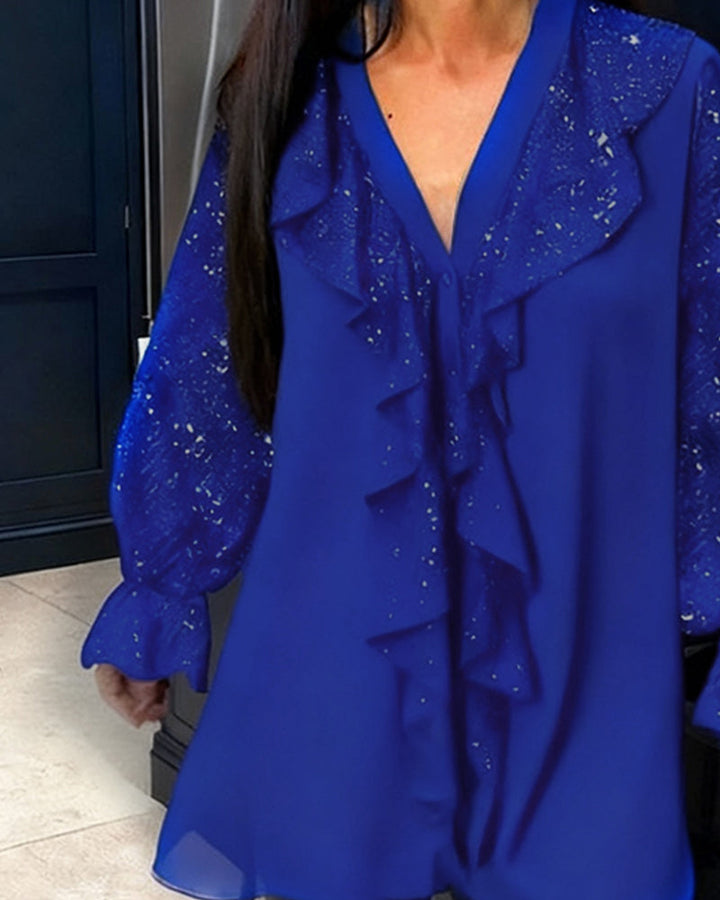 Alexiss - Csillogó Fodros V-Nyakú Blúz