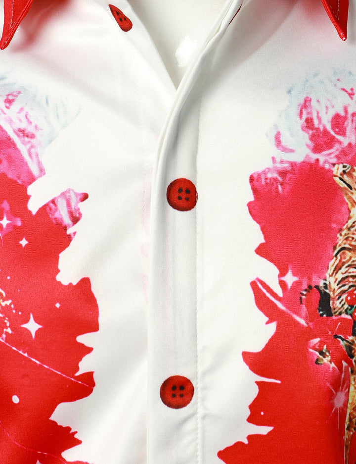 Beau - Férfi Karácsonyi ihletésű piros  Vidám ruha Ünnepi Gombos  Hosszú ujjú ing