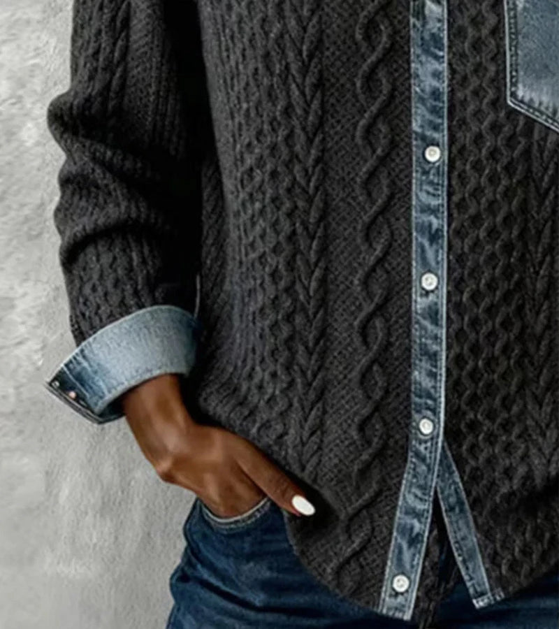 Bibianna - Hosszú Ujjú Ing Denim Patchworkkel