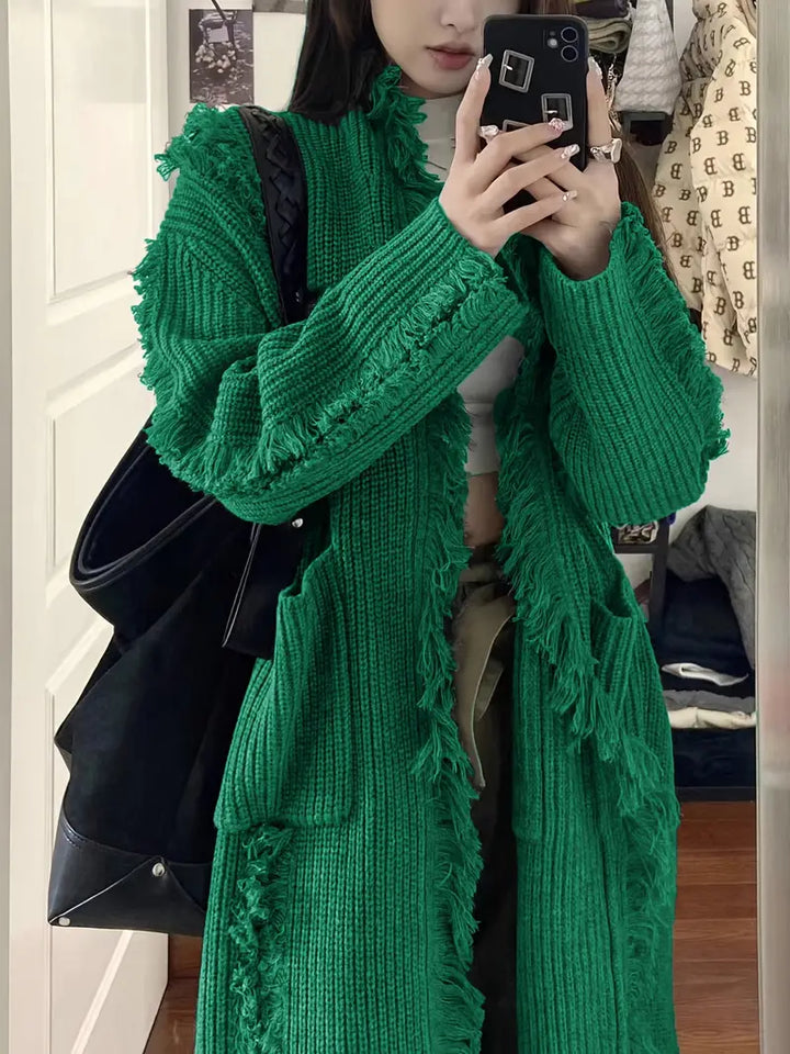 Ramziya – Elegáns Hosszú Rojtos Kardigán Zsebbel