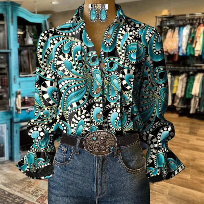 Visenya – Vintage Blúz Absztrakt Nyomtatással