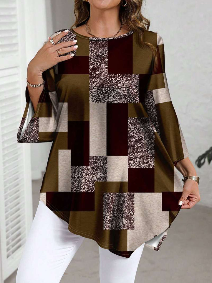 Nurit - Kockás Túlméretezett Rövid Ujjú Nyomtatott Blúz