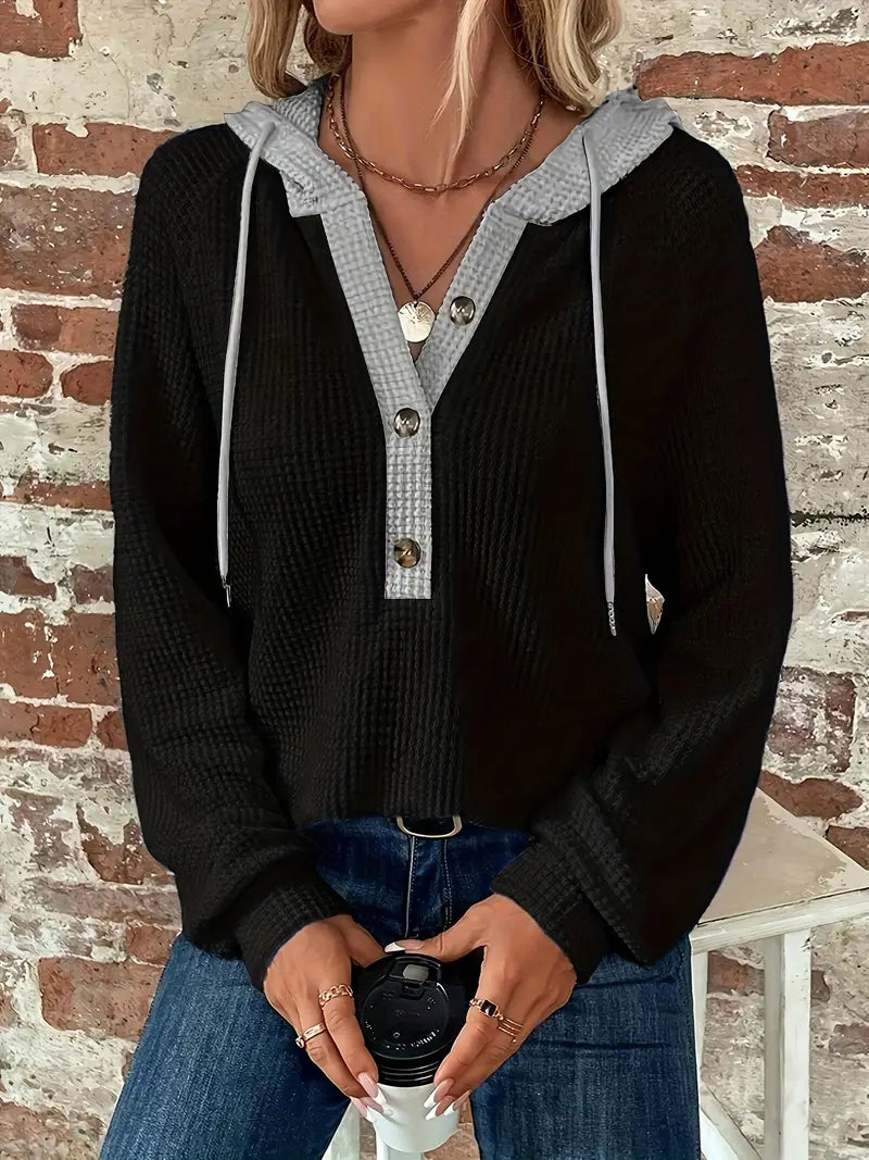 Snezhana - Hosszú Ujjú Gombos Kapucnis Pulóver