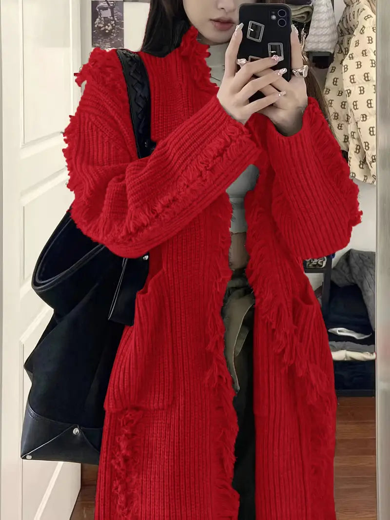 Ramziya – Elegáns Hosszú Rojtos Kardigán Zsebbel