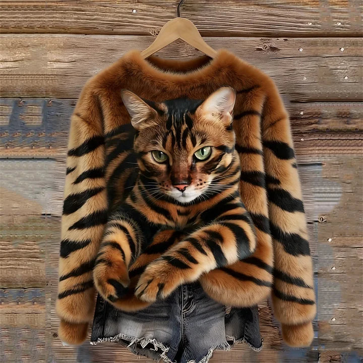 Jules - Tabby Macska és Tiger Mintás Puha Plüss Pulóver