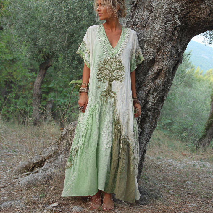 Winifred - Rövid Ujjú Ruha Retro Fa Mintával