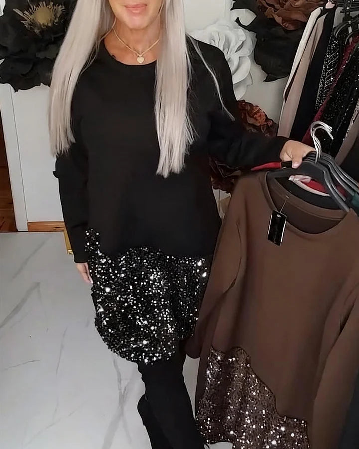 Ksenija - Kerek Nyakú Flitteres Patchwork Ruha