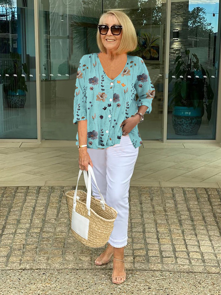 Teresa - Elegáns Virágos Blúz Gombokkal