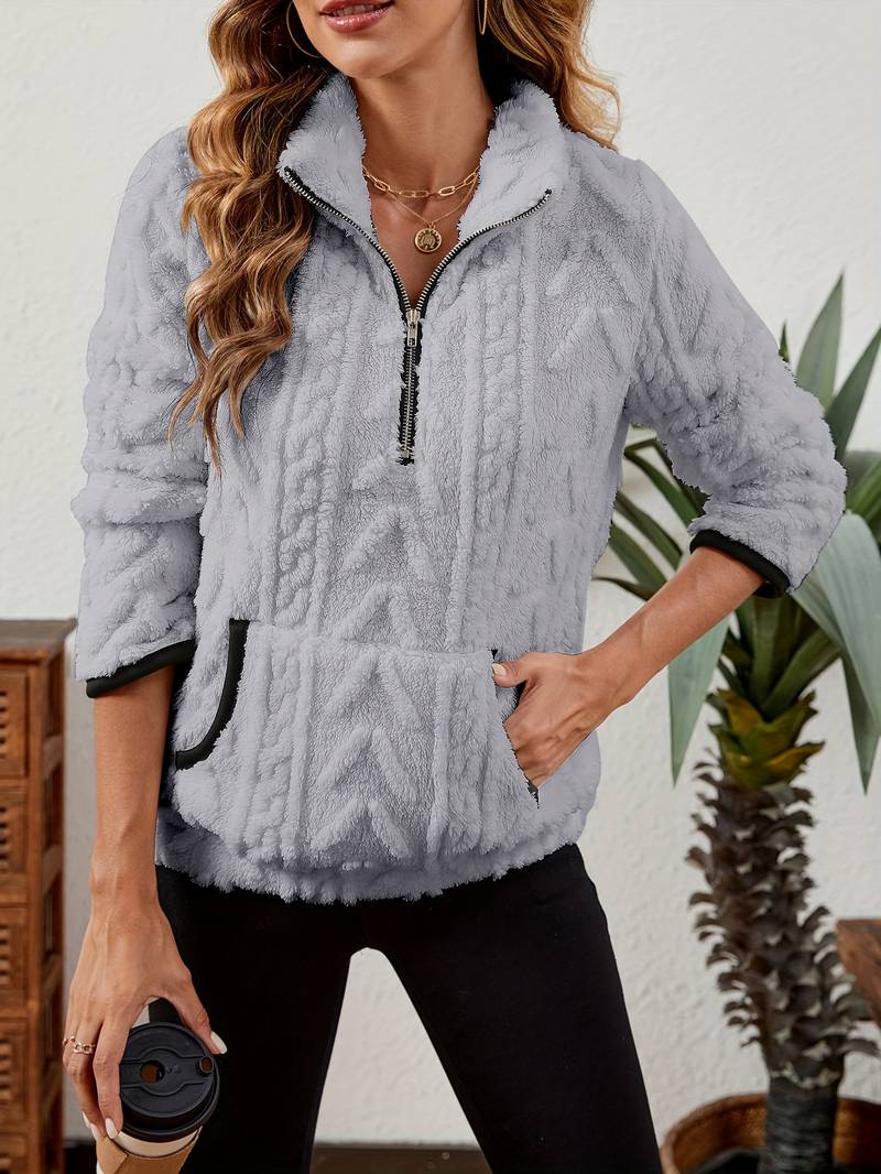 Naama - Félcipzáras Stílusos Pulóver Zsebbel