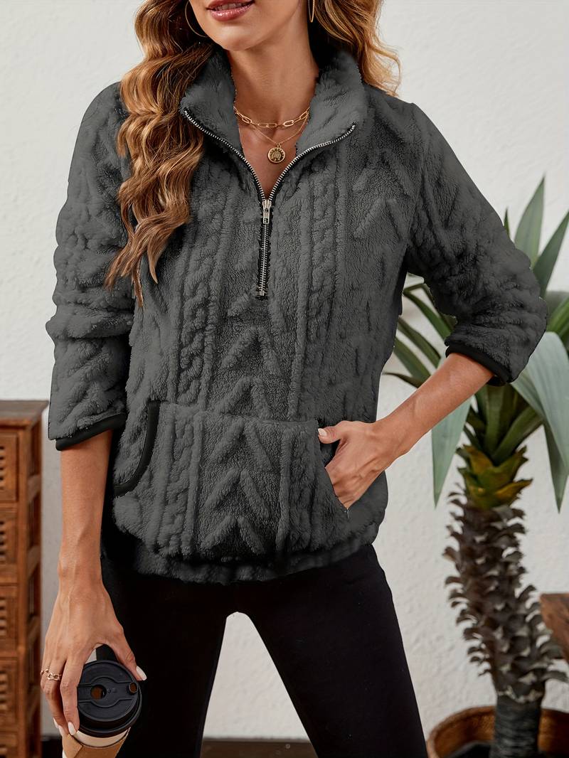 Naama - Félcipzáras Stílusos Pulóver Zsebbel