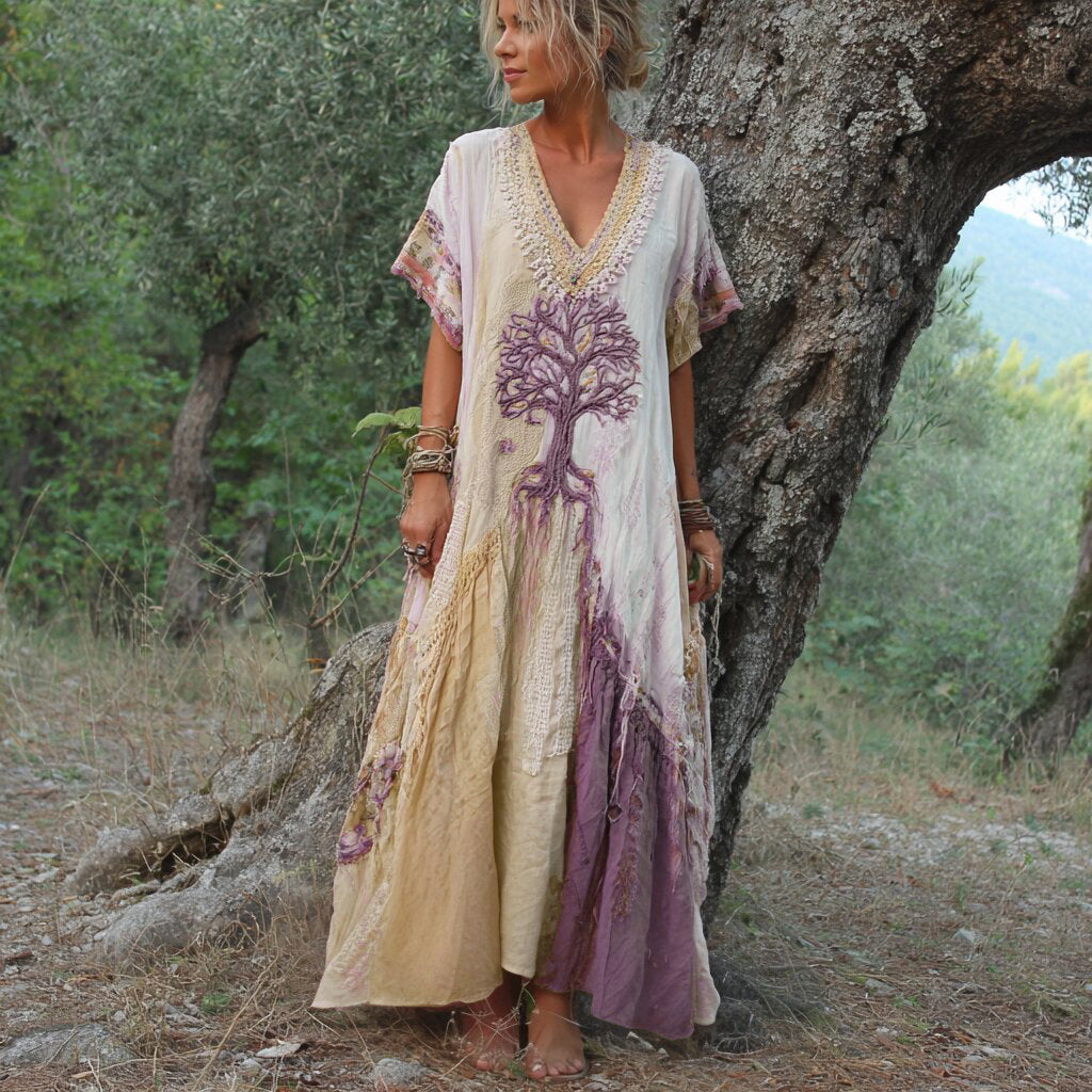 Winifred - Rövid Ujjú Ruha Retro Fa Mintával