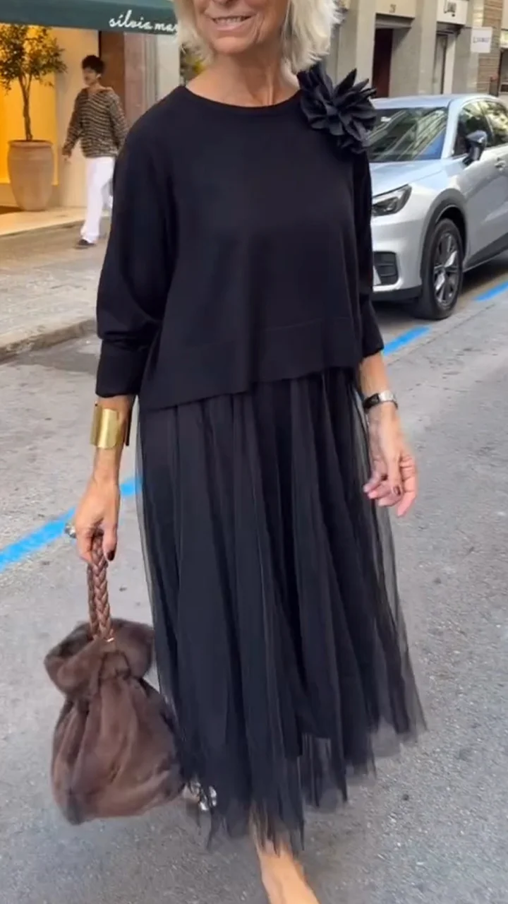 Efrata - Bájos Szatén Ruha Kötött Pulóverrel