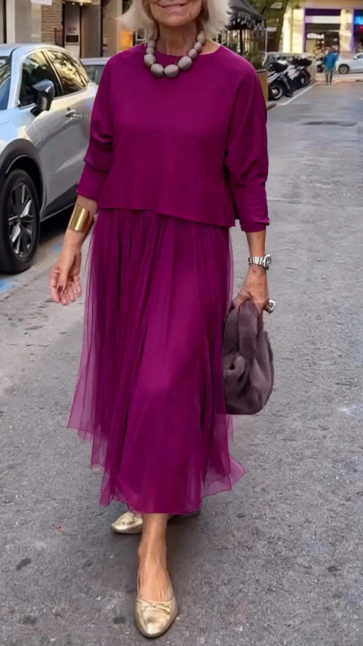 Efrata - Bájos Szatén Ruha Kötött Pulóverrel