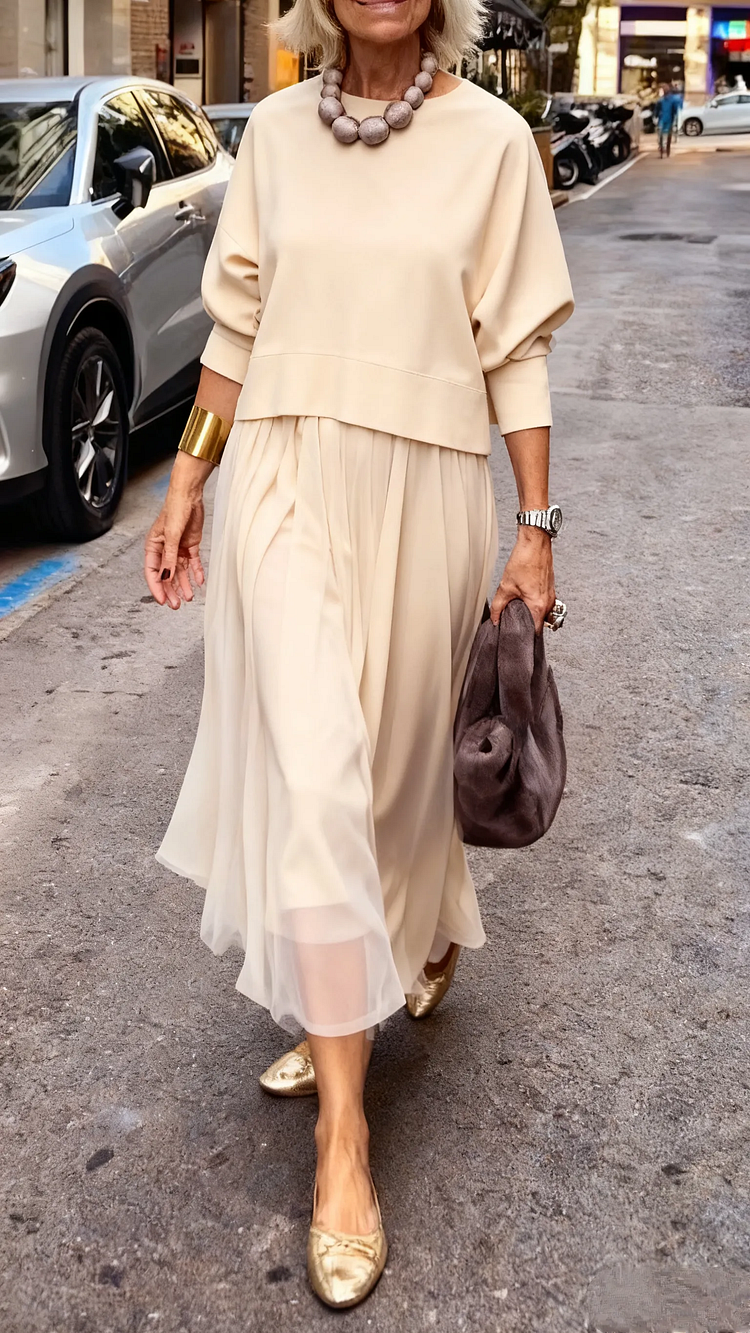 Efrata - Bájos Szatén Ruha Kötött Pulóverrel