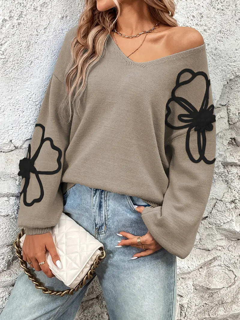 Semira - Hosszú Ujjú Pulóver Virágos Hímzéssel