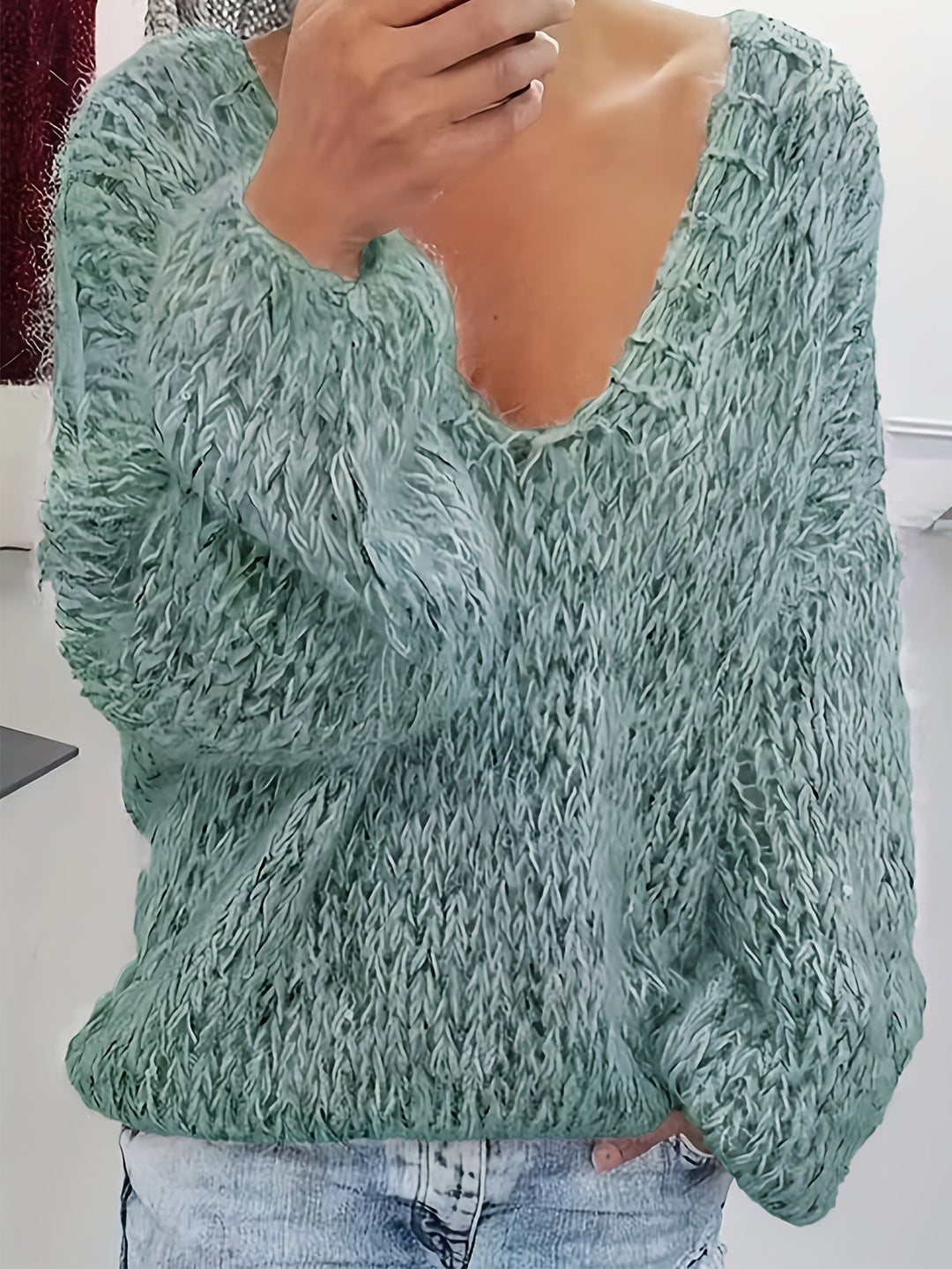 Vriona – Kötött Hosszú Ujjú Pulóver V-Nyakkivágással